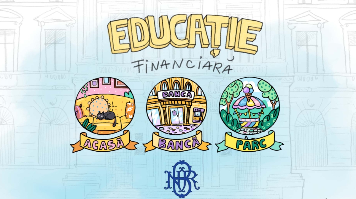 Banner spre jocul de educație financiară în care se văd cele trei scenarii prezente la deschiderea aplicației